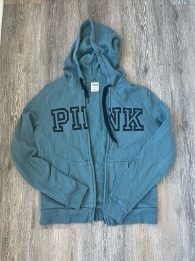 PINK Victorias Secret Teal Blue Fleece Full Zip Spellout Logo Hoodie Womens S